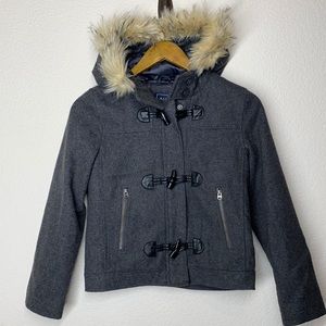 Wool coat with faux fur lined hood, large